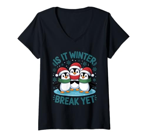 Damen Is It Winter Break Yet Pinguin Holiday Design Lustig T-Shirt mit V-Ausschnitt von Is It Winter Break Yet Funny