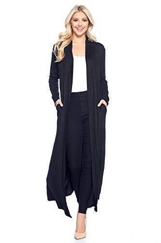 Isaac Liev Damen Maxi Cardigan - Casual Long Flowy Open Front Bodenlang Drape Leichter Staubwedel Pullover Made in USA, Schwarz mit Taschen, Groß von Isaac Liev