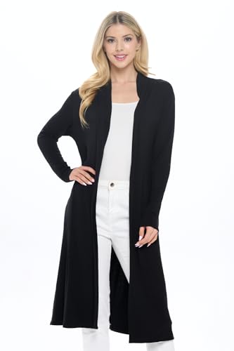 Isaac Liev Issac Trendy Extra Long Duster Soft Lightweight Cardigan with Pockets - Made in USA, Schwarz mit Taschen, Klein von Isaac Liev
