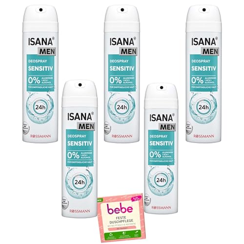 5x Isana Men Deospray Sensitiv + 1x Bebe feste Duschpflege | 5x 150ml | für empfindliche Haut | 0% Aluminium von Isana