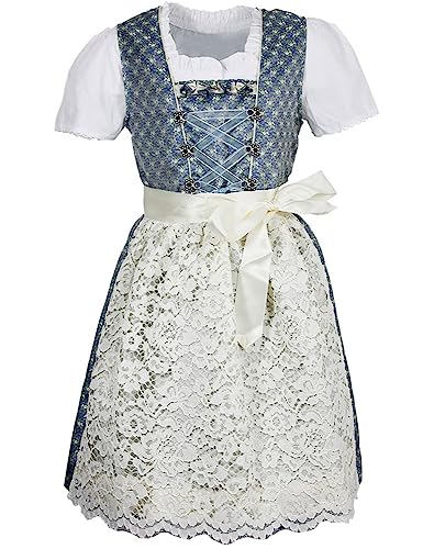 Isar-Trachten Kinder Dirndl Sarah 3-TLG. mit Bluse Spitzenschürze 63202 | Blau Creme 164 von Isar-Trachten