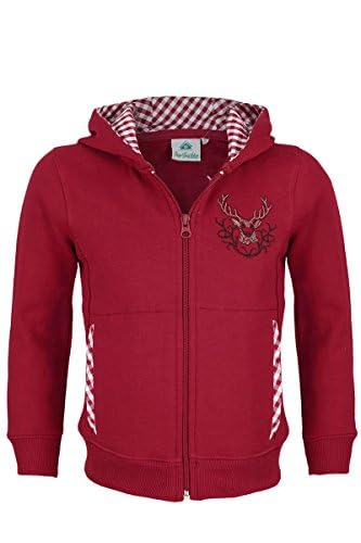 Isar-Trachten Kinder Jacke Trachtenjacke Mädchen rot, Kapuzenjacke Kinder Sweatjacke mit Hirschstickerei (Rot, Numeric_86) von Isar-Trachten