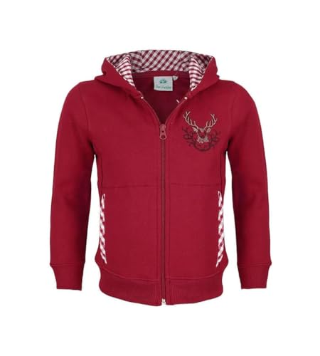 Isar-Trachten Kinder Jacke Trachtenjacke Mädchen rot, Kapuzenjacke Kinder Sweatjacke mit Hirschstickerei (Rot, Numeric_86) von Isar-Trachten