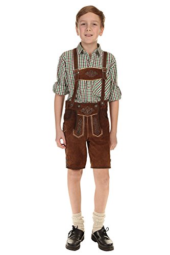 Isar-Trachten Kinder Lederhose kurz Trachtenlederhose Jungen mit Träger und Stickerei 55811 braun Gr. 110 von Isar-Trachten