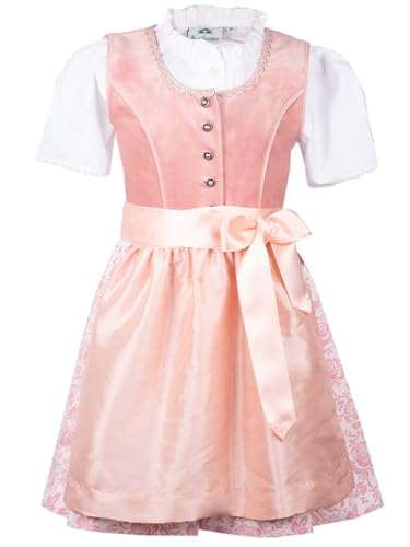 Isar-Trachten Kinderdirndl Patricia lachs rosa | Süßes Dirndl aus Samt mit Bluse und Schürze | Mädchen (DE/NL/SE/PL, Numerisch, 98, Regular, rosa) von Isar-Trachten