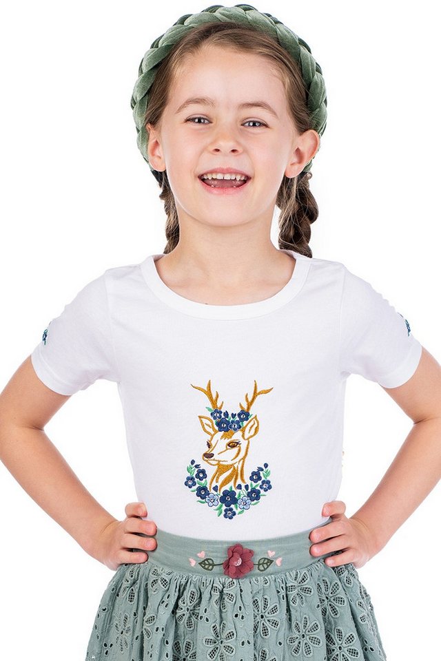 Isar-Trachten Trachtenbluse Trachtenshirt Kind - BLUMENREHLEIN - weiß/blau von Isar-Trachten