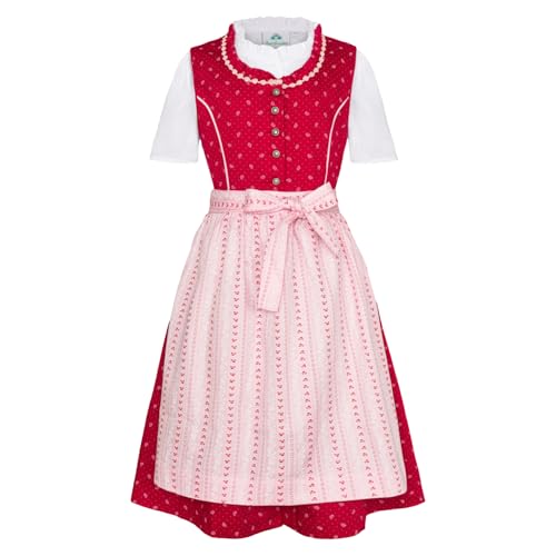 Kinder Dirndl 3-TLG. Kleid Bluse Schürze für Mädchen Oktoberfest Kirchweih Hochzeit Sonntagausflug rosa/rot mit Röschen, Gr. 92 von Isar-Trachten