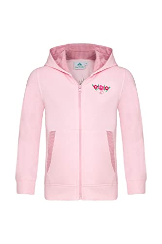 Kinder Jacke Trachtenjacke Mädchen Kapuzenjacke Sweatjacke mit Blumenstickerei in Rosa, Größe 104 von Isar-Trachten