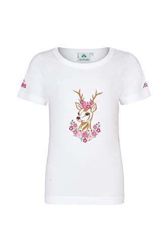 Mädchen T-Shirt mit Glitzer-Steinen, REH- und Blumenstickereien Pink/Weiss Größe 104 von Isar-Trachten