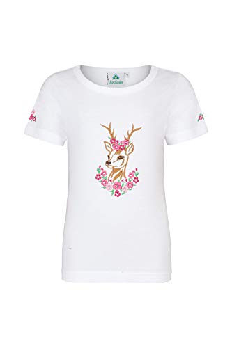 Mädchen T-Shirt mit Glitzer-Steinen, REH- und Blumenstickereien Pink/Weiss Größe 116 von Isar-Trachten