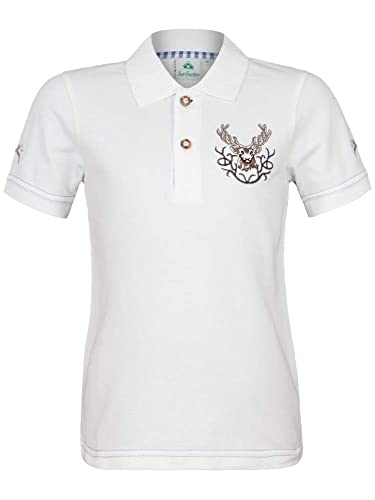 Trachten Poloshirt Hirsch weiß | Kinder T-Shirt Oberteil | Jungen Baumwolle Gr. 128 von Isar-Trachten