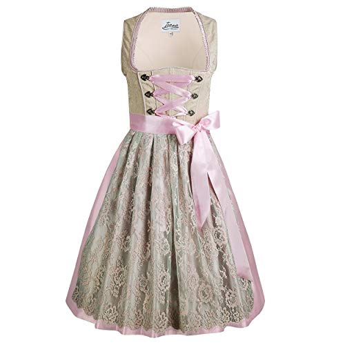 Iseaa Damen Dirndl Kleid Dirndlkleid Trachtenkleid Midi Nina in Beige Rosa Spitze 38 von Iseaa