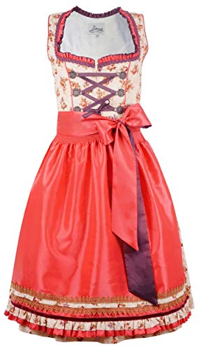 Iseaa Damen Dirndl Kleid Dirndlkleid Trachtenkleid Midi Sarina mit Zierrüschen in Aprikot 42 von Iseaa