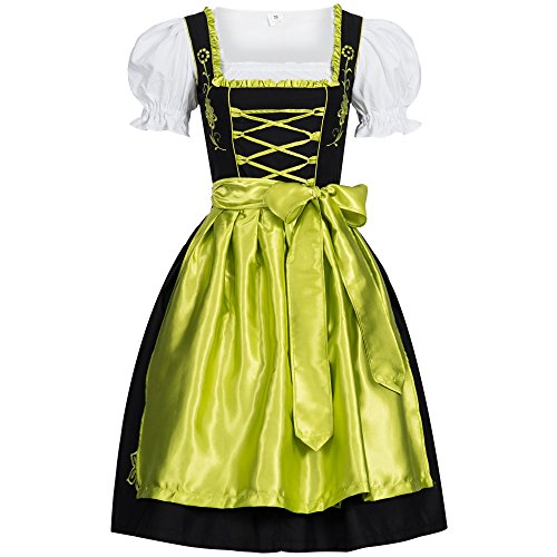 Iseaa Damen Dirndl Kleid Dirndlkleid Trachtenkleid Midi schwarz Leuchtend grün 38 von Iseaa