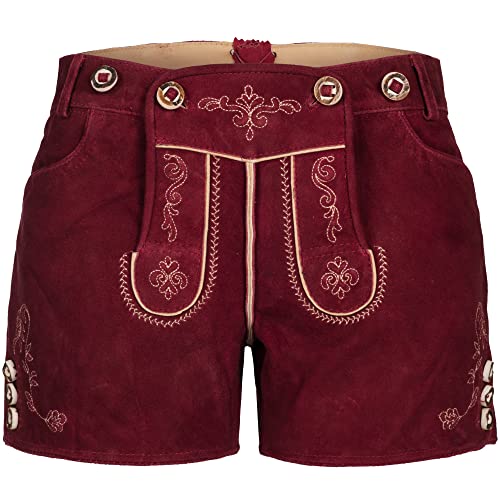 Iseaa Damen Trachten Lederhose Trachtenlederhose kurz aus Zigenveloursleder Bordeaux rot 34 von Iseaa