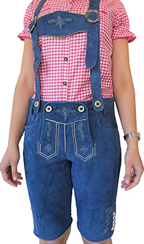 Iseaa Damen Trachten Lederhose Trachtenlederhose kurz aus Zigenveloursleder Blau Gr. 38 von Iseaa