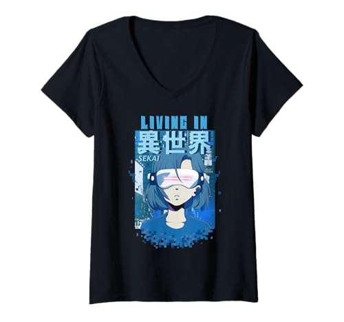 Damen Leben in Einer Anderen Welt Isekai Anime Girl Vaporwave VR T-Shirt mit V-Ausschnitt von Isekai Anime Girl Virtual Reality Metaverse Design