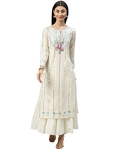 ishin Damen Baumwolle Anarkali Verzierte Spiegelarbeit Blumendruck Off White Kurti, Cremefarben, M ishin Damen Baumwolle Anarkali Verzierte Spiegelarbeit Blumendruck Off White Kurti, Cremefarben, M von Ishin