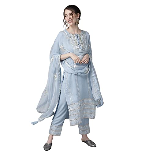 ishin Damen Lila Gota Patti bestickt A-Linie Kurta Set mit Hose und…, Blau, S ishin Damen Lila Gota Patti bestickt A-Linie Kurta Set mit Hose und…, Blau, S von Ishin