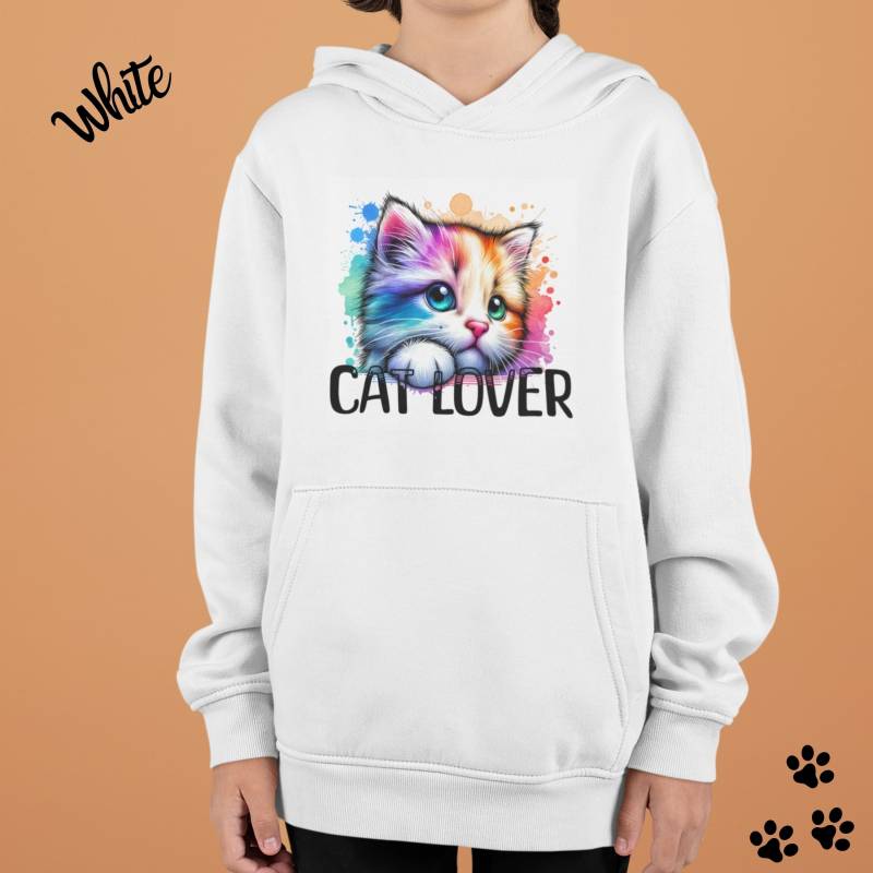 Kinder Hoodie Mit Bunter Aquarell Katze - Süßer Cat Lover Pullover Für Mädchen, Katzenliebhaber & Alltag Voller Farbe von IsidoraScottDesign