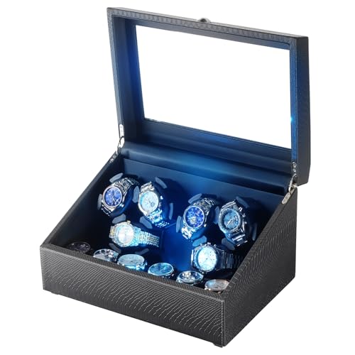 Isili Watch Winder für Automatikuhren, Luxus-Uhrenbeweger mit LED-Beleuchtung, 6er Uhrenbeweger + 6 Staufächer mit leisen Motoren, Geschenk für Männer & Frauen (PU-Schlangenleder) von Isili