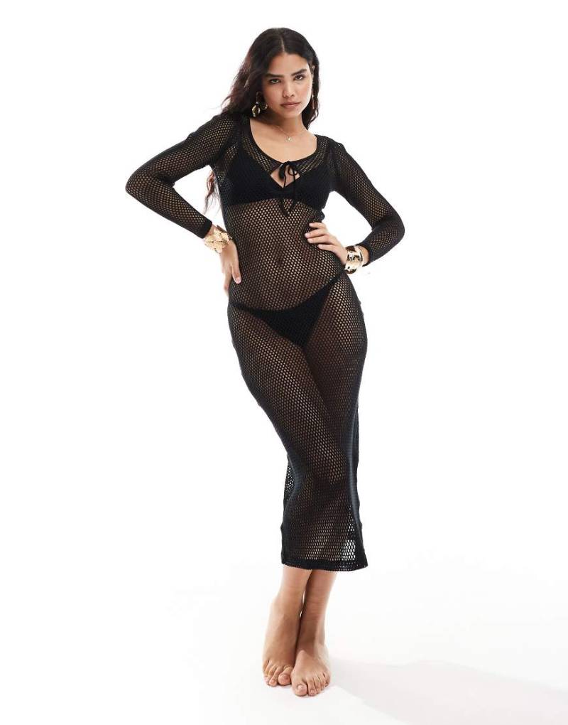 Iisla & Bird - Langärmliges Maxi-Strandkleid aus Strick in Schwarz mit Bindeband vorn-Weiß von Iisla & Bird