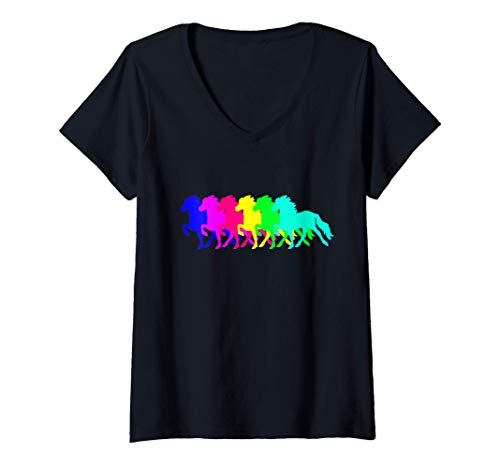 Damen Isländer Islandpferd Regenbogen T-Shirt mit V-Ausschnitt von Isländer Islandpferd Regenbogen