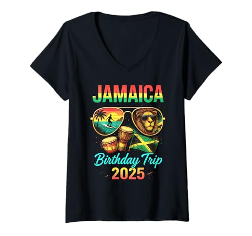 Damen Jamaika Geburtstag Trip 2025 Rasta Party Urlaub Island Vibes T-Shirt mit V-Ausschnitt Damen Jamaika Geburtstag Trip 2025 Rasta Party Urlaub Island Vibes T-Shirt mit V-Ausschnitt von Island Birthday Bash