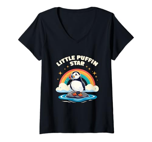 Damen Kleiner Puffin Star Papageientaucher Küste Meer Regenbogen T-Shirt mit V-Ausschnitt Damen Kleiner Puffin Star Papageientaucher Küste Meer Regenbogen T-Shirt mit V-Ausschnitt von Island Puffin Seevogel Süß Niedlich Familie Kinder