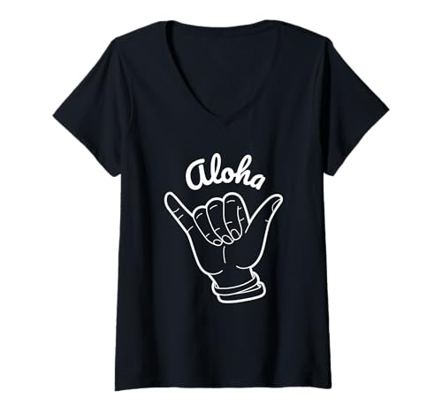 Damen Aloha Vibes Shaka Handsymbol Hawaii T-Shirt mit V-Ausschnitt von Island State of Mind