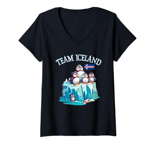 Damen Team Iceland Puffins Cartoon Eisberg Island Flagge Souvenir T-Shirt mit V-Ausschnitt Damen Team Iceland Puffins Cartoon Eisberg Island Flagge Souvenir T-Shirt mit V-Ausschnitt von Island Team Design Puffin Cartoon Souvenir