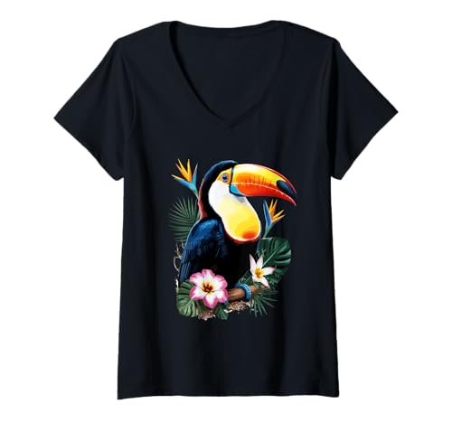 Damen Buntes Tukan-Blumenmuster, tropischer Retro-Dschungel-Stil T-Shirt mit V-Ausschnitt von IslandGlow