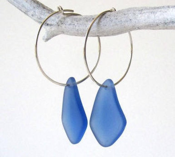 Boho Meer Glas Blau Ohrringe Strand Ohrringe, Hoop Sterling Silber Creolen, Schmuck von IslandLifeDesignsCo