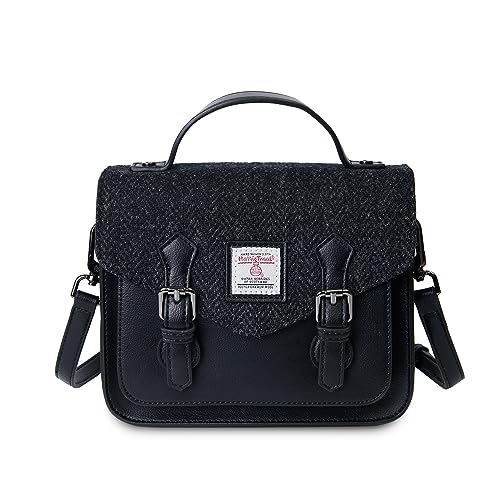 Islander® The Calton Satchel Damen-Umhängetasche mit Harris-Tweed, Größe S und M, Schwarzes Fischgrätenmuster, Medium von Islander