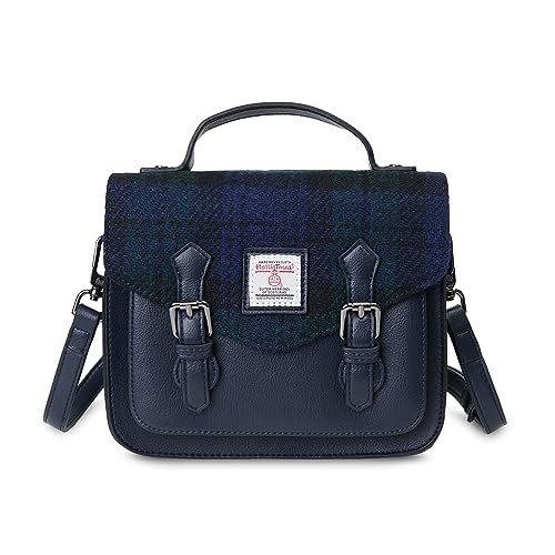 Islander® The Calton Satchel Damen-Umhängetasche mit Harris-Tweed, Größe S und M, schwarz/schottenmuster, Medium von Islander