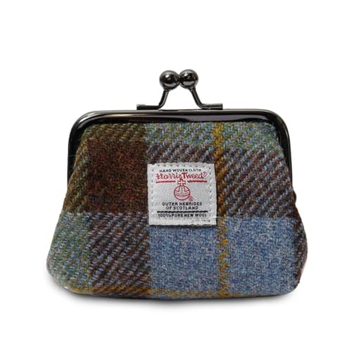 Islander Die Münzbörse aus Harris Tweed, L: 12cm H:10cm, Kastanienbraun und Blaues Schottenkaro von Islander