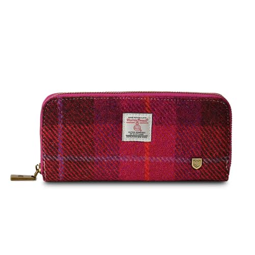 Islander HarrisTweed & PU Leder Damen Lange Reißverschluss Geldbörse, Fuchisa Tartan, Tweed-Geldbörse von Islander