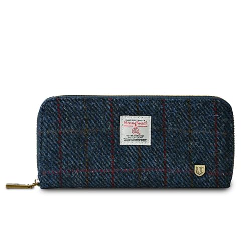 Islander HarrisTweed & PU Leder Damen Lange Reißverschluss Geldbörse, Marineblaues Over-Check, Tweed-Geldbörse von Islander