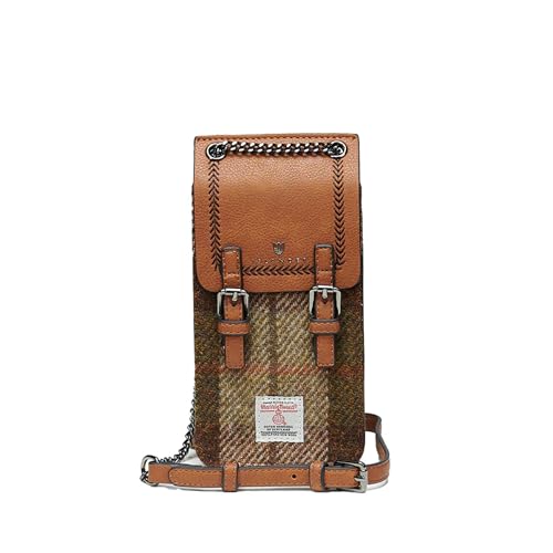 Islander Harris Tweed Handy-Tragetasche mit Kartenfächern und verstellbarem Kettenriemen (10 x 4 x 17 cm), Kastanien-Schottenkaro von Islander