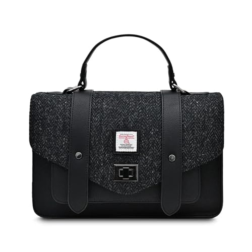 Islander Harris Tweed Large Satchel, Schwarzes Fischgrätenmuster von Islander