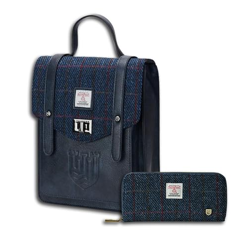 Islander Harris Tweed Mini-Carloway-Rucksack und lange Geldbörse, Geschenk bereit, Marineblaues Over-Check, Medium von Islander