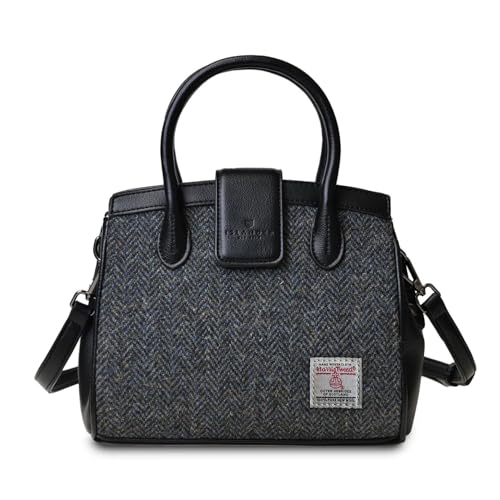 Islander Harris Tweed Mini Tiree Tote, Schwarz-graues Fischgrätenmuster, 9.84 x 7.49 x 3.93 inches von Islander