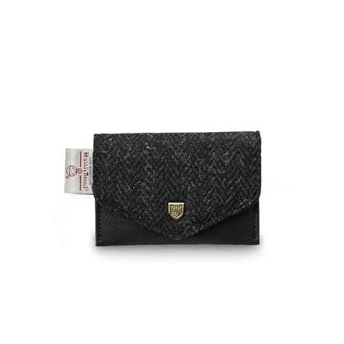 Islander Kartenetui aus Mikrofaser-Leder und Harris-Tweed, 11 cm L x 7 cm, Schwarzes Fischgrätenmuster, Classic von Islander