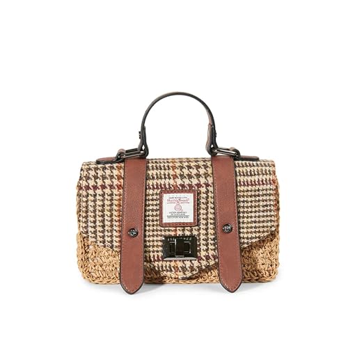 Islander Mini Satchel Bag - Natural Straw & Harris Tweed - Damen Handtasche mit Tragegriff oben, Gurt & Reißverschlusstasche, Beige Dogtooth von Islander