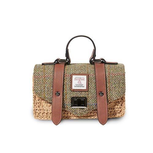 Islander Mini Satchel Bag - Natural Straw & Harris Tweed - Damen Handtasche mit Tragegriff oben, Gurt & Reißverschlusstasche, Kastanien-Fischgrätenmuster von Islander