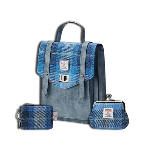 Islander Set von Harris Tweed Mini Carloway Rucksack - Karte Reißverschluss Geldbörse & Münzbörse Urlaubsgeschenk, Blue Tartan, Medium von Islander