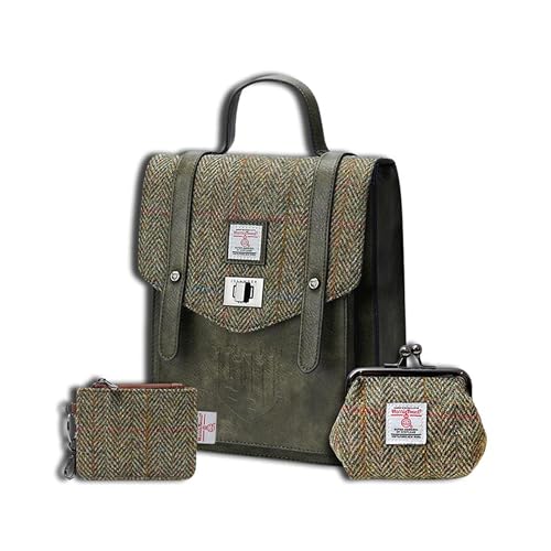 Islander Set von Harris Tweed Mini Carloway Rucksack - Karte Reißverschluss Geldbörse & Münzbörse Urlaubsgeschenk, Kastanienbraunes Fischgrätenmuster, Medium von Islander