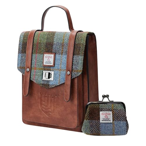 Islander Set von Harris Tweed Mini Carloway Rucksack & Münzbörse - Stilvolle kompakte Freizeittasche, Geschenk für Frauen, Kastanienblaues Schottenkaro, 7.87" x 3.54" x 9.84" and 4.72" x 3.93", Casual von Islander