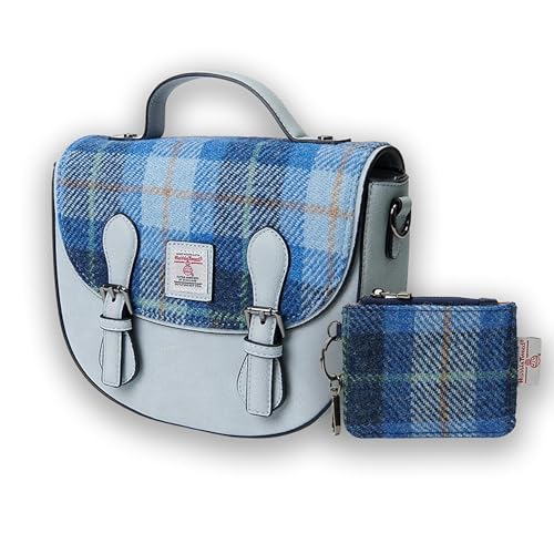Islander Set von Harris Tweed Mini Cobble Satchel & Card Zip Wallet Geschenkidee, Blue Tartan von Islander