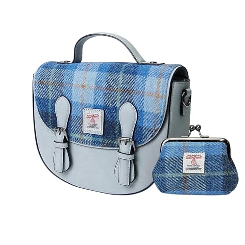 Islander Set von Harris Tweed Mini Cobble Satchel & Coin Purse Present, Blue Tartan, 8.66”x3.14”x7.48” and 4.72” L x 3.93” von Islander